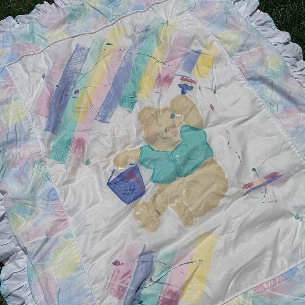 Vtg 1980s Hnad Painted Nursery Baby Comferter Pastel Painting Teddy Bear Signed